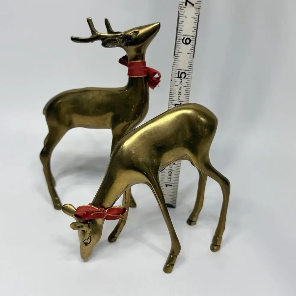 2 Vintage Brass Deer Figurines Buck Doe Reindeer Holiday Decor India MCM 6